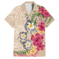 Hawaiian Tropical Flowers and Tribal Turtles Family Matching Tank Maxi Dress and Hawaiian Shirt Polynesian Art Motifs Beige Color LT03 Dad's Shirt - Short Sleeve Beige - Polynesian Pride