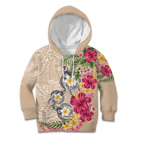 Hawaiian Tropical Flowers and Tribal Turtles Kid Hoodie Polynesian Art Motifs Beige Color LT03 Hoodie Beige - Polynesian Pride