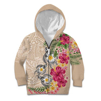 Hawaiian Tropical Flowers and Tribal Turtles Kid Hoodie Polynesian Art Motifs Beige Color LT03 Zip Hoodie Beige - Polynesian Pride