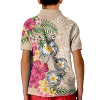 Hawaiian Tropical Flowers and Tribal Turtles Kid Polo Shirt Polynesian Art Motifs Beige Color LT03 - Polynesian Pride