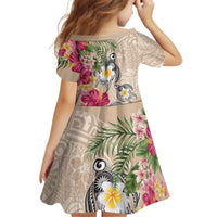 Hawaiian Tropical Flowers and Tribal Turtles Kid Short Sleeve Dress Polynesian Art Motifs Beige Color LT03 - Polynesian Pride