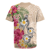 Hawaiian Tropical Flowers and Tribal Turtles Rugby Jersey Polynesian Art Motifs Beige Color LT03 - Polynesian Pride