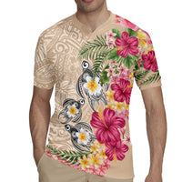 Hawaiian Tropical Flowers and Tribal Turtles Rugby Jersey Polynesian Art Motifs Beige Color LT03 - Polynesian Pride
