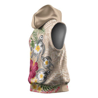 Hawaiian Tropical Flowers and Tribal Turtles Sleeveless Hoodie Polynesian Art Motifs Beige Color LT03 - Polynesian Pride