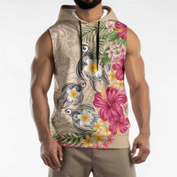 Hawaiian Tropical Flowers and Tribal Turtles Sleeveless Hoodie Polynesian Art Motifs Beige Color LT03 - Polynesian Pride