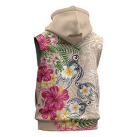 Hawaiian Tropical Flowers and Tribal Turtles Sleeveless Zip Hoodie Polynesian Art Motifs Beige Color LT03 - Polynesian Pride