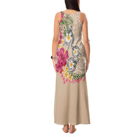 Hawaiian Tropical Flowers and Tribal Turtles Tank Maxi Dress Polynesian Art Motifs Beige Color LT03 - Polynesian Pride