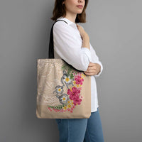 Hawaiian Tropical Flowers and Tribal Turtles Tote Bag Polynesian Art Motifs Beige Color LT03 - Polynesian Pride