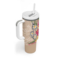 Hawaiian Tropical Flowers and Tribal Turtles Tumbler With Handle Polynesian Art Motifs Beige Color LT03 - Polynesian Pride