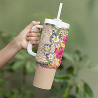 Hawaiian Tropical Flowers and Tribal Turtles Tumbler With Handle Polynesian Art Motifs Beige Color LT03 - Polynesian Pride