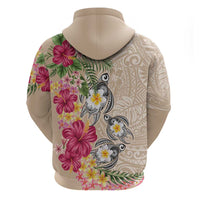 Hawaiian Tropical Flowers and Tribal Turtles Zip Hoodie Polynesian Art Motifs Beige Color LT03 - Polynesian Pride