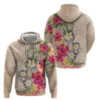 Hawaiian Tropical Flowers and Tribal Turtles Zip Hoodie Polynesian Art Motifs Beige Color LT03 - Polynesian Pride