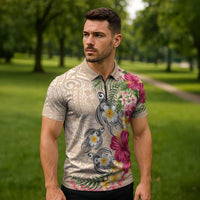 Hawaiian Tropical Flowers and Tribal Turtles Zipper Polo Shirt Polynesian Art Motifs Beige Color LT03 - Polynesian Pride