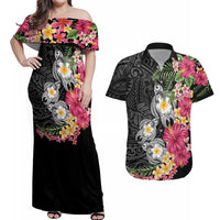 Hawaiian Tropical Flowers and Tribal Turtles Couples Matching Off Shoulder Maxi Dress and Hawaiian Shirt Polynesian Art Motifs Black Color LT03 Black - Polynesian Pride