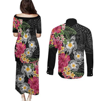 Hawaiian Tropical Flowers and Tribal Turtles Couples Matching Puletasi and Long Sleeve Button Shirt Polynesian Art Motifs Black Color LT03 - Polynesian Pride