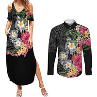 Hawaiian Tropical Flowers and Tribal Turtles Couples Matching Summer Maxi Dress and Long Sleeve Button Shirt Polynesian Art Motifs Black Color LT03 Black - Polynesian Pride