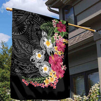 Hawaiian Tropical Flowers and Tribal Turtles Garden Flag Polynesian Art Motifs Black Color LT03 - Polynesian Pride