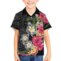 Hawaiian Tropical Flowers and Tribal Turtles Kid Hawaiian Shirt Polynesian Art Motifs Black Color LT03 Kid Black - Polynesian Pride