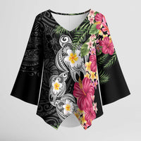 Hawaiian Tropical Flowers and Tribal Turtles Kimono Sleeve Blouse Polynesian Art Motifs Black Color LT03 Female Black - Polynesian Pride