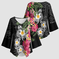 Hawaiian Tropical Flowers and Tribal Turtles Kimono Sleeve Blouse Polynesian Art Motifs Black Color LT03 - Polynesian Pride