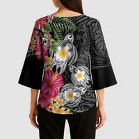 Hawaiian Tropical Flowers and Tribal Turtles Kimono Sleeve Blouse Polynesian Art Motifs Black Color LT03 - Polynesian Pride