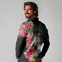 Hawaiian Tropical Flowers and Tribal Turtles Long Sleeve Polo Shirt Polynesian Art Motifs Black Color LT03 - Polynesian Pride
