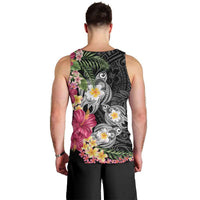 Hawaiian Tropical Flowers and Tribal Turtles Men Tank Top Polynesian Art Motifs Black Color LT03 - Polynesian Pride