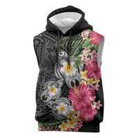 Hawaiian Tropical Flowers and Tribal Turtles Sleeveless Hoodie Polynesian Art Motifs Black Color LT03 Black - Polynesian Pride