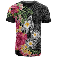 Hawaiian Tropical Flowers and Tribal Turtles T Shirt Polynesian Art Motifs Black Color LT03 - Polynesian Pride