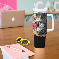 Hawaiian Tropical Flowers and Tribal Turtles Tumbler With Handle - Polynesian Art Motifs Black LT03 - Polynesian Pride