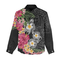 Hawaiian Tropical Flowers and Tribal Turtles Women Casual Shirt Polynesian Art Motifs Black Color LT03 - Polynesian Pride