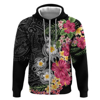 Hawaiian Tropical Flowers and Tribal Turtles Zip Hoodie Polynesian Art Motifs Black Color LT03 Zip Hoodie Black - Polynesian Pride