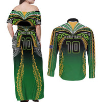 Custom Cook Islands Rugby League Couples Matching Off Shoulder Maxi Dress and Long Sleeve Button Shirt Avaiki Tatau Tribal Motifs Black Color LT03 - Polynesian Pride