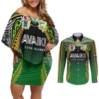 Custom Cook Islands Rugby League Couples Matching Off Shoulder Short Dress and Long Sleeve Button Shirt Avaiki Tatau Tribal Motifs Black Color LT03 Black - Polynesian Pride