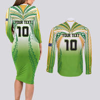 Custom Cook Islands Rugby League Couples Matching Long Sleeve Bodycon Dress and Long Sleeve Button Shirt Avaiki Tatau Tribal Motifs White Color LT03 - Polynesian Pride