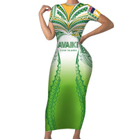 Custom Cook Islands Rugby League Short Sleeve Bodycon Dress Avaiki Tatau Tribal Motifs White Color LT03 Long Dress White - Polynesian Pride