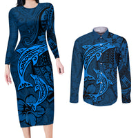 Polynesian Dolphin Valentine Day Couples Matching Long Sleeve Bodycon Dress and Long Sleeve Button Shirt Hibiscus and Tribal Tattoo Blue Style LT03 Blue - Polynesian Pride