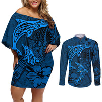 Polynesian Dolphin Valentine Day Couples Matching Off Shoulder Short Dress and Long Sleeve Button Shirt Hibiscus and Tribal Tattoo Blue Style LT03 Blue - Polynesian Pride