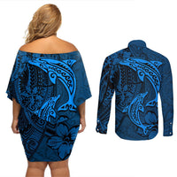 Polynesian Dolphin Valentine Day Couples Matching Off Shoulder Short Dress and Long Sleeve Button Shirt Hibiscus and Tribal Tattoo Blue Style LT03 - Polynesian Pride