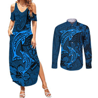Polynesian Dolphin Valentine Day Couples Matching Summer Maxi Dress and Long Sleeve Button Shirt Hibiscus and Tribal Tattoo Blue Style LT03 Blue - Polynesian Pride