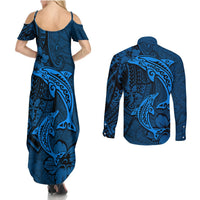 Polynesian Dolphin Valentine Day Couples Matching Summer Maxi Dress and Long Sleeve Button Shirt Hibiscus and Tribal Tattoo Blue Style LT03 - Polynesian Pride