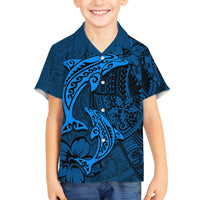 Polynesian Dolphin Valentine Day Family Matching Off Shoulder Short Dress and Hawaiian Shirt Hibiscus and Tribal Tattoo Blue Style LT03 Son's Shirt Blue - Polynesian Pride
