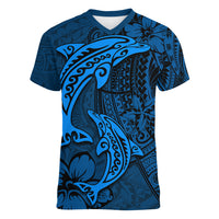 Polynesian Dolphin Valentine Day Women V Neck T Shirt Hibiscus and Tribal Tattoo Blue Style LT03 Female Blue - Polynesian Pride