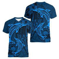 Polynesian Dolphin Valentine Day Women V Neck T Shirt Hibiscus and Tribal Tattoo Blue Style LT03 - Polynesian Pride