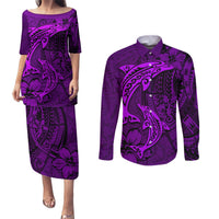 Polynesian Dolphin Valentine Day Couples Matching Puletasi and Long Sleeve Button Shirt Hibiscus and Tribal Tattoo Purple Style LT03 Purple - Polynesian Pride
