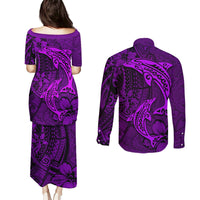 Polynesian Dolphin Valentine Day Couples Matching Puletasi and Long Sleeve Button Shirt Hibiscus and Tribal Tattoo Purple Style LT03 - Polynesian Pride