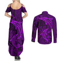 Polynesian Dolphin Valentine Day Couples Matching Summer Maxi Dress and Long Sleeve Button Shirt Hibiscus and Tribal Tattoo Purple Style LT03 - Polynesian Pride