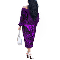 Polynesian Dolphin Valentine Day Off The Shoulder Long Sleeve Dress Hibiscus and Tribal Tattoo Purple Style LT03 - Polynesian Pride