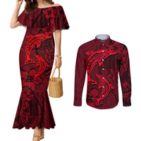 Polynesian Dolphin Valentine Day Couples Matching Mermaid Dress and Long Sleeve Button Shirt Hibiscus and Tribal Tattoo Red Style LT03 Red - Polynesian Pride