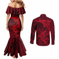Polynesian Dolphin Valentine Day Couples Matching Mermaid Dress and Long Sleeve Button Shirt Hibiscus and Tribal Tattoo Red Style LT03 - Polynesian Pride